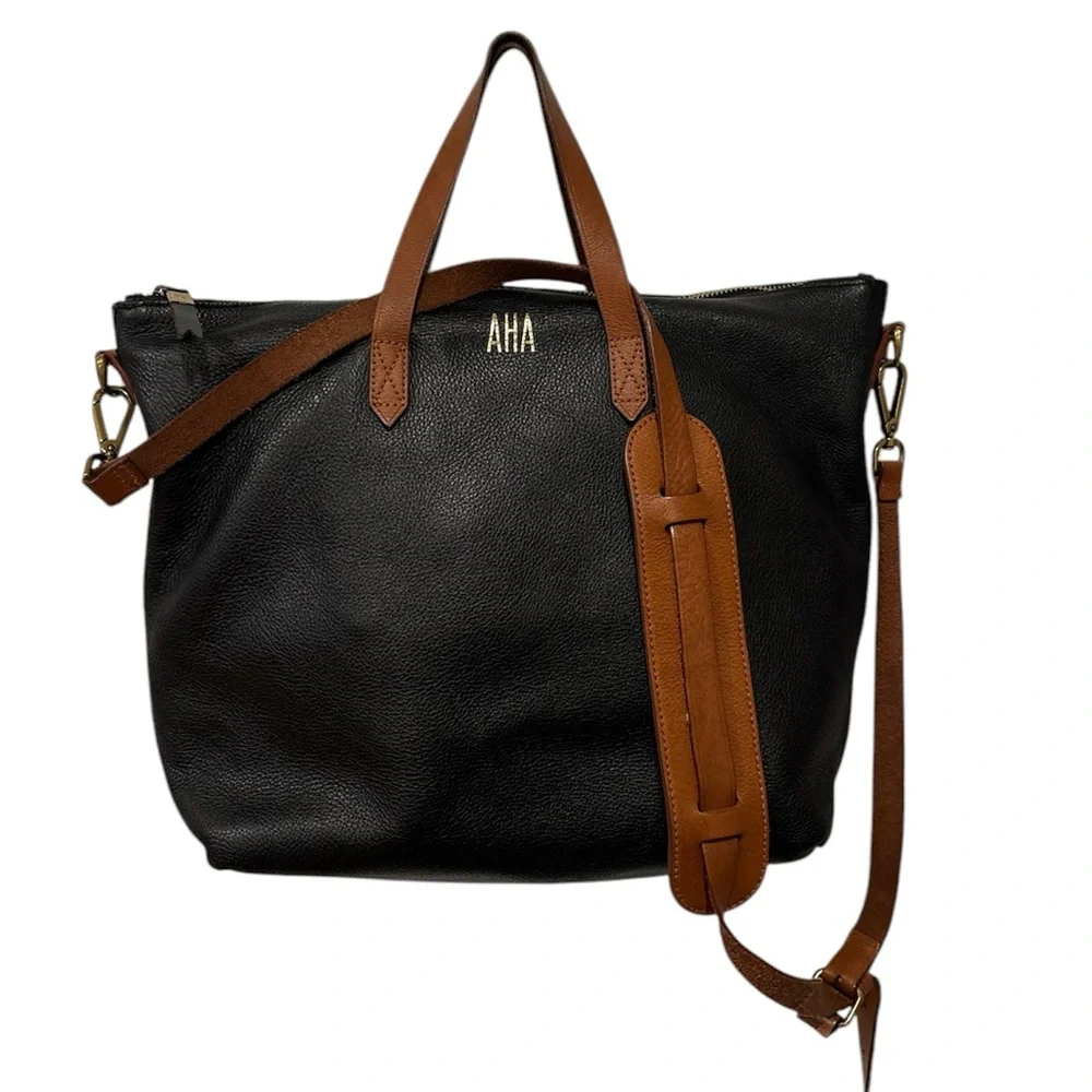 Madewell zip top transport carry all Black Leather Tote Bag monogram initials